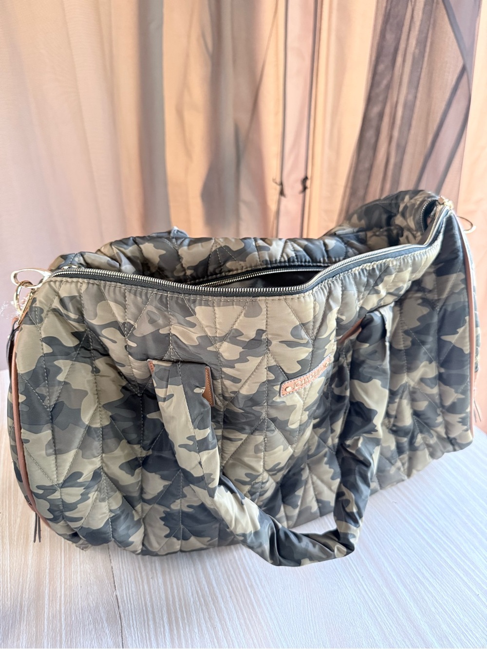 Joan & David Quilted Camouflage Tote in Green and Gray